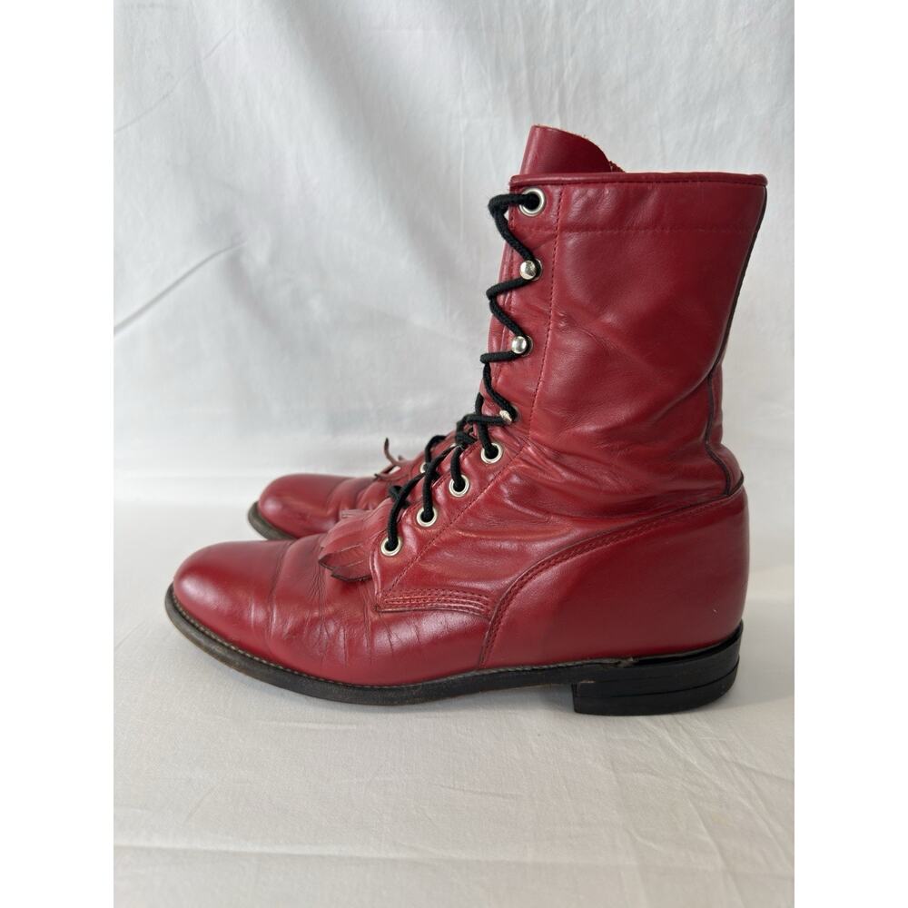 Justin Boots Red Lace-Up Leather Boots - Picture 2 of 11